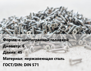 Шуруп с шестигранной головкой 6х45 нержавеющая сталь ГОСТ: DIN 571, шт цена от 17.41 сом / кг, где купить, условия доставки в Оше и Ошской области